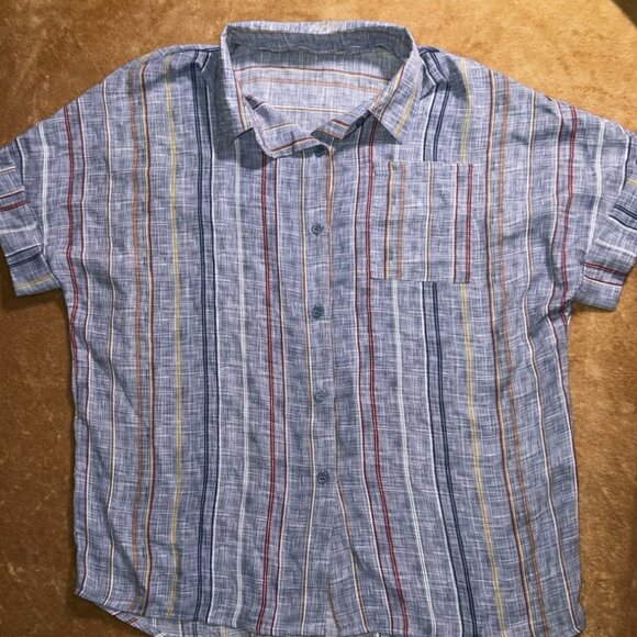 Women Small Blue Stripe Collar‎ Button Up Roll up Short Sleeve Poly Shirt (P) - Picture 1 of 7